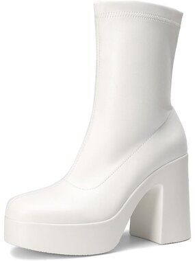 Women's White Square Toe High Chunky Block Heel Platform Casual Ankle Booties